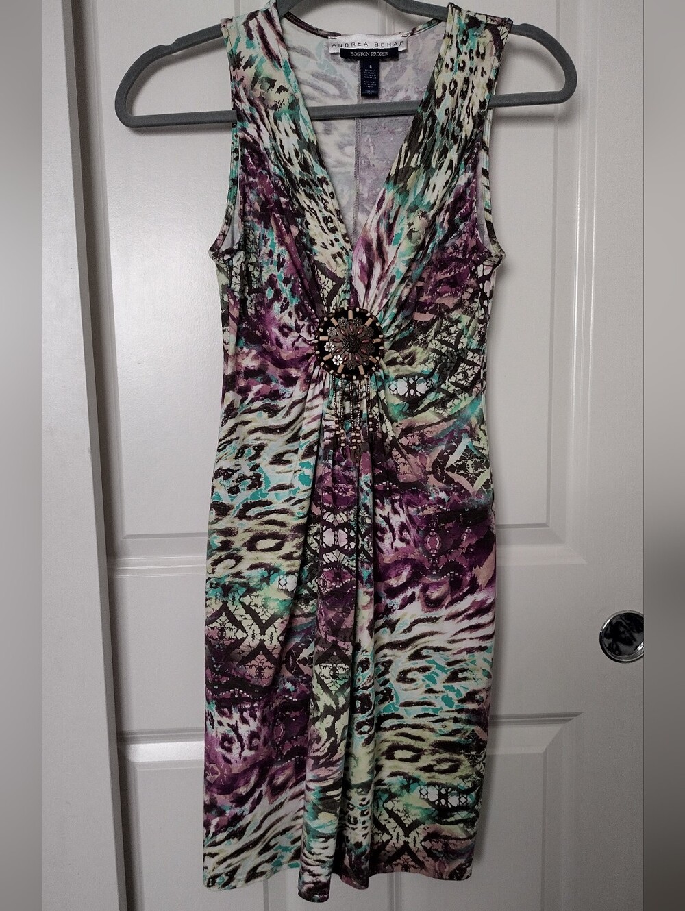 Boston Proper Purple Teal Printed Sleeveless Midi Dress with Embellished Waist